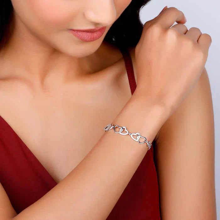 Interlocked Heart Duo Bracelet in Silver Finish