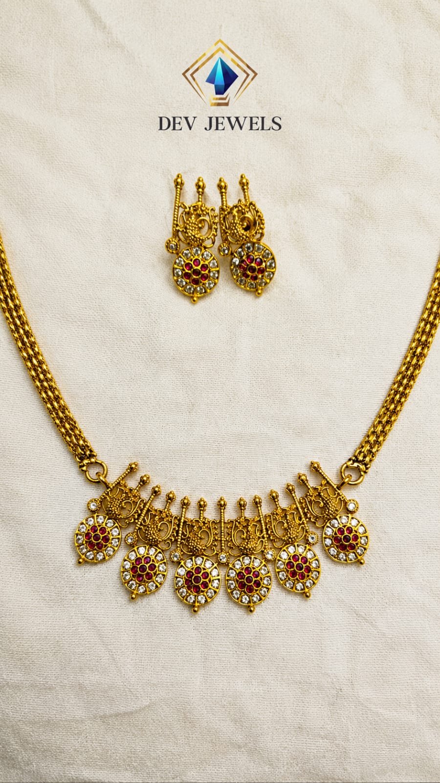 Gold and Diamond Studded Flower Neckalce with Earrings