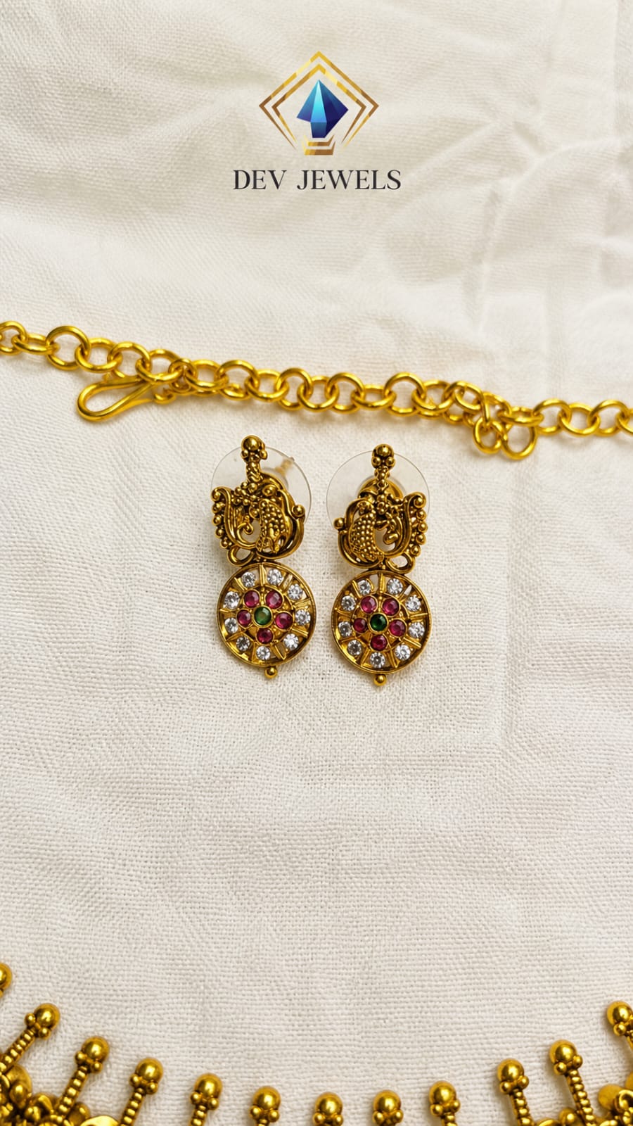 Gold and Diamond Studded Flower Neckalce with Earrings