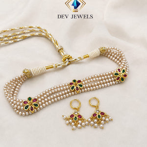 Pearl and Gold Traditional Flower Choker with Earring set