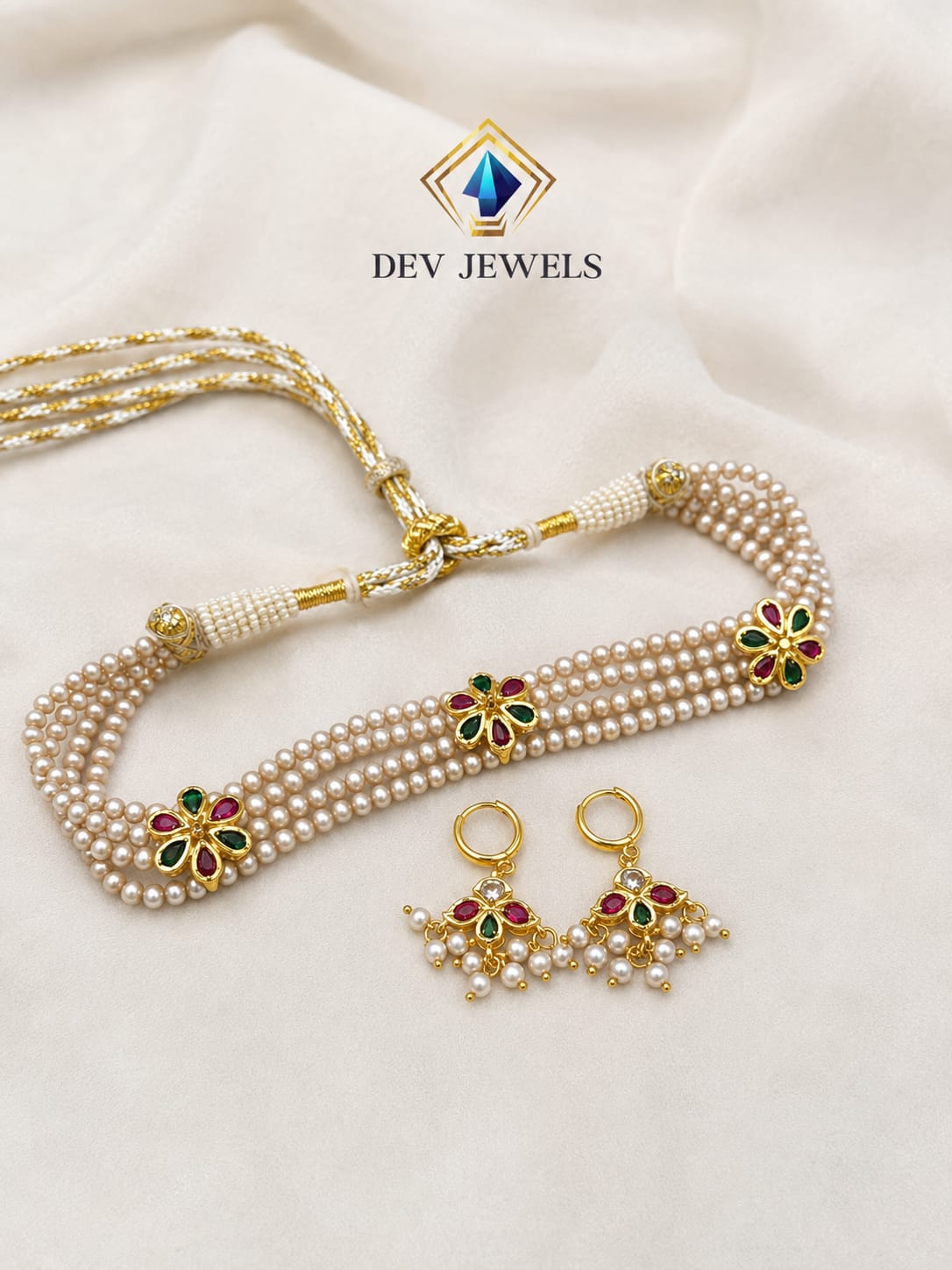 Pearl and Gold Traditional Flower Choker with Earring set