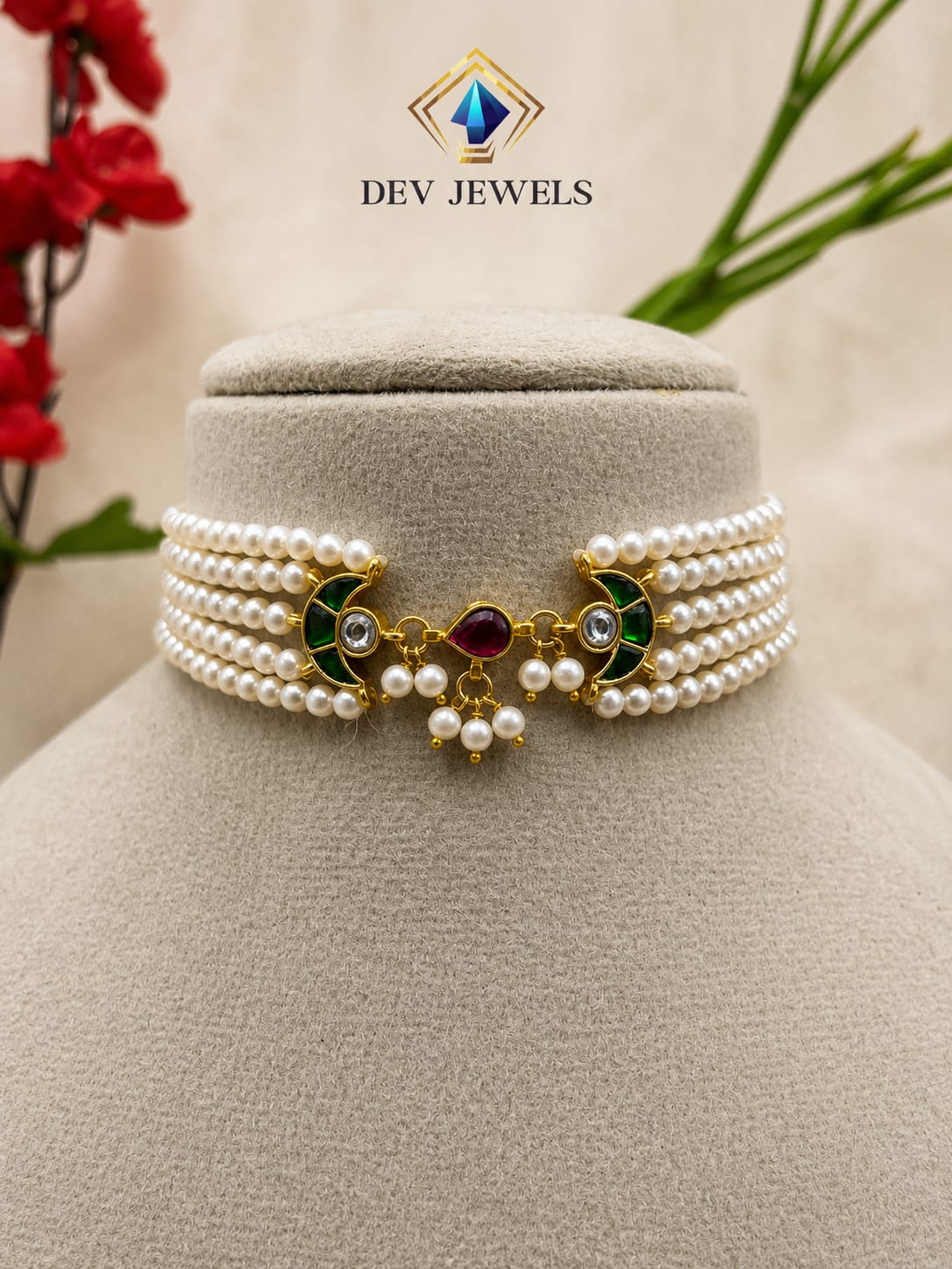 Traditional Multi-Strand Pearl Jadau Kundan Choker Necklace Set