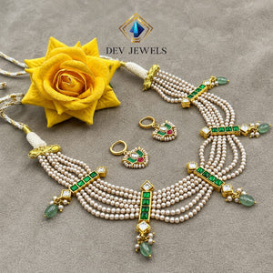 Dev Jewels Traditional Multi-Strand Pearl and Emerald Choker Necklace Set