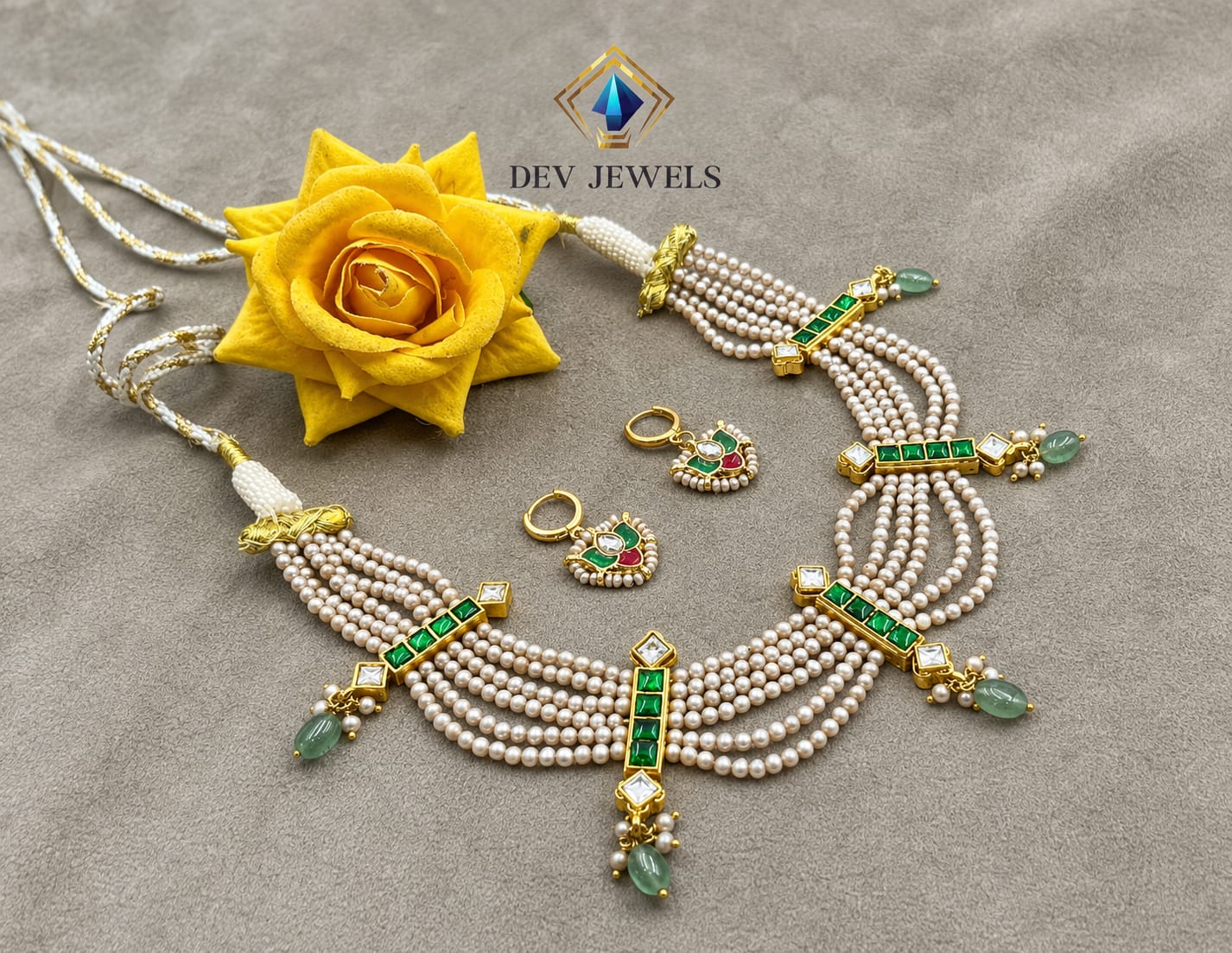 Dev Jewels Traditional Multi-Strand Pearl and Emerald Choker Necklace Set