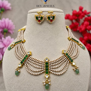 Dev Jewels Traditional Multi-Strand Pearl and Emerald Choker Necklace Set