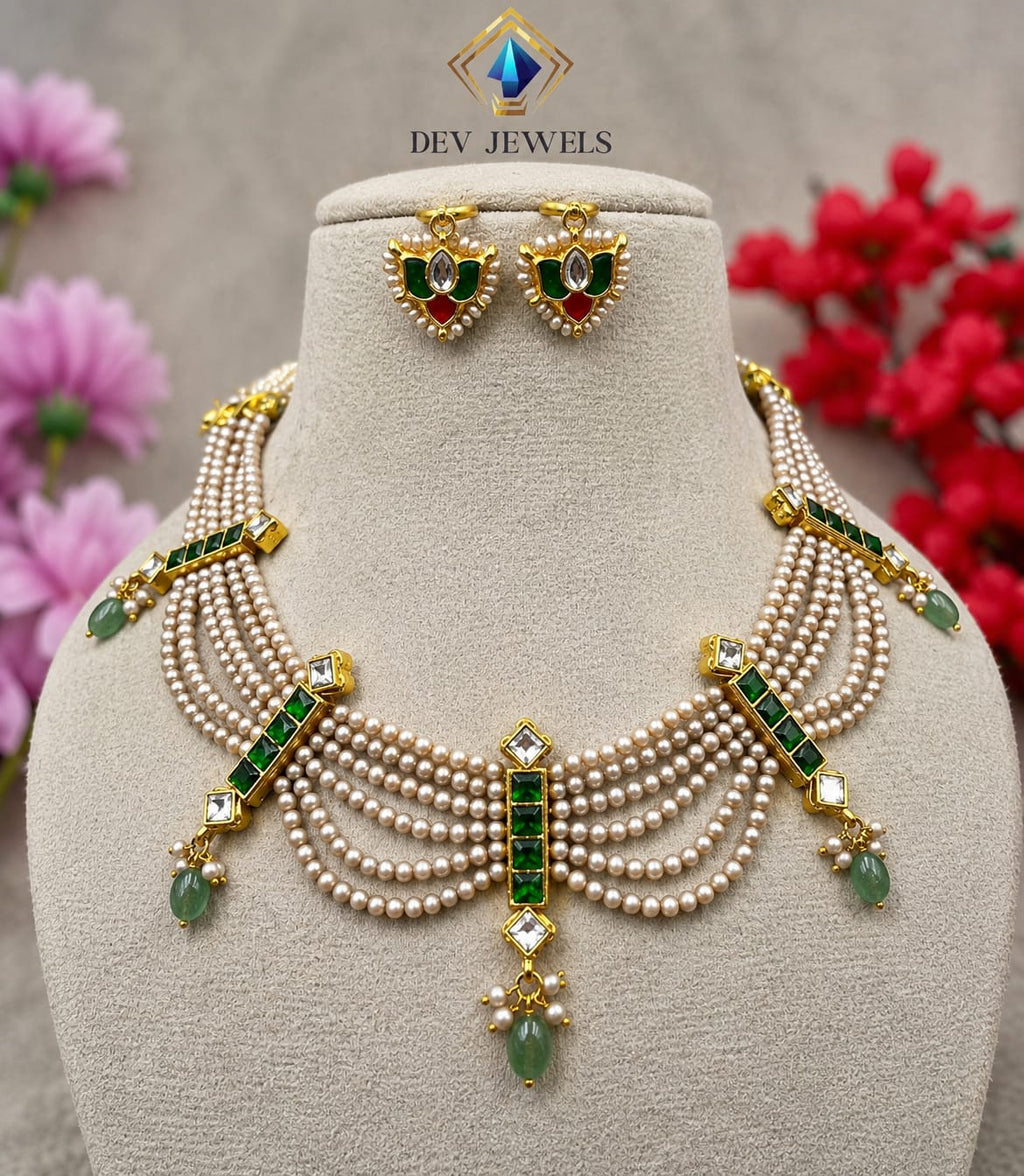 Dev Jewels Traditional Multi-Strand Pearl and Emerald Choker Necklace Set