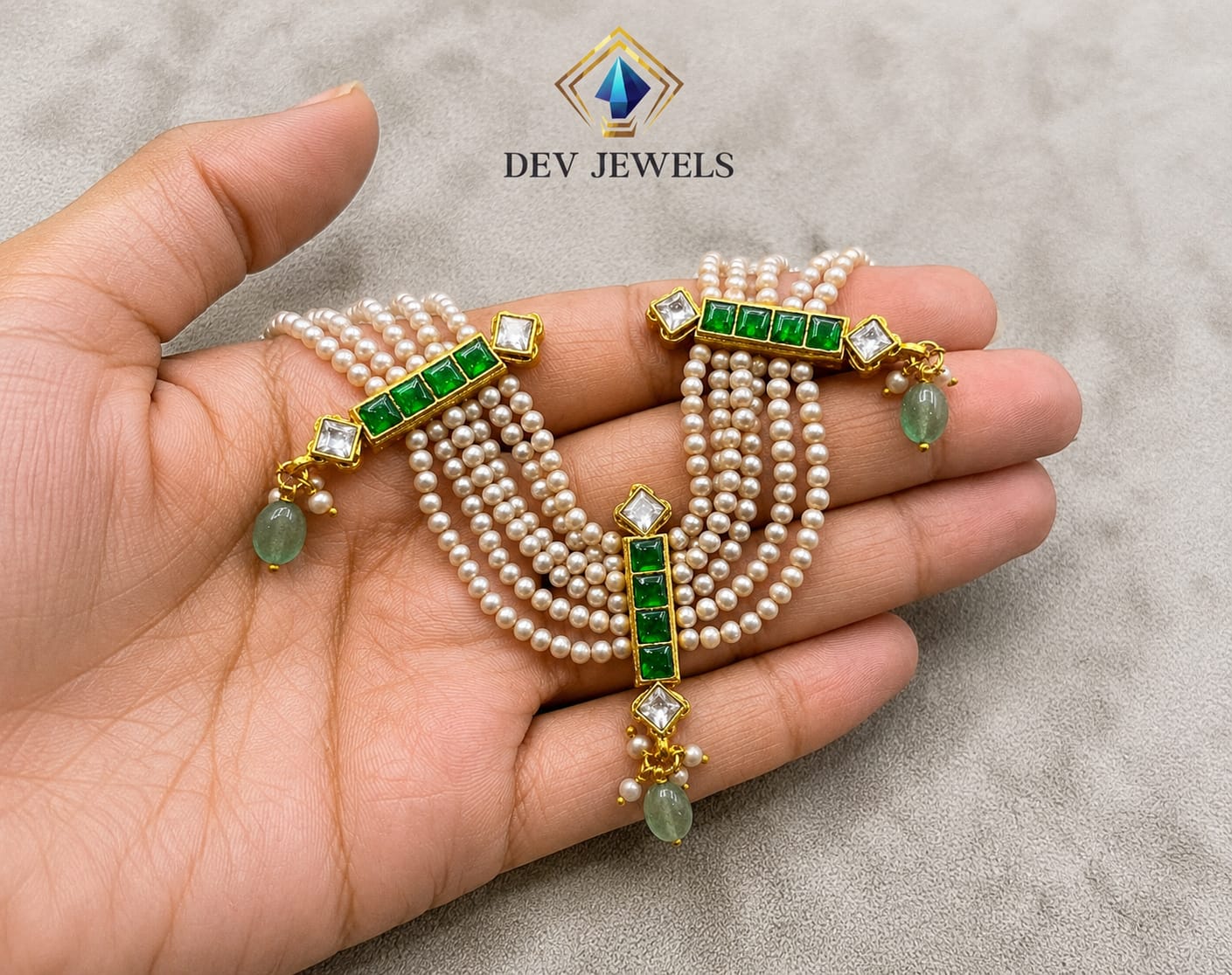 Dev Jewels Traditional Multi-Strand Pearl and Emerald Choker Necklace Set