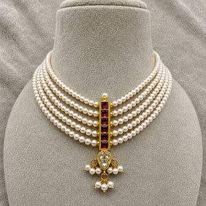 5-Strand Pearl Tanmani Choker Necklace with Kundan and Ruby Accents