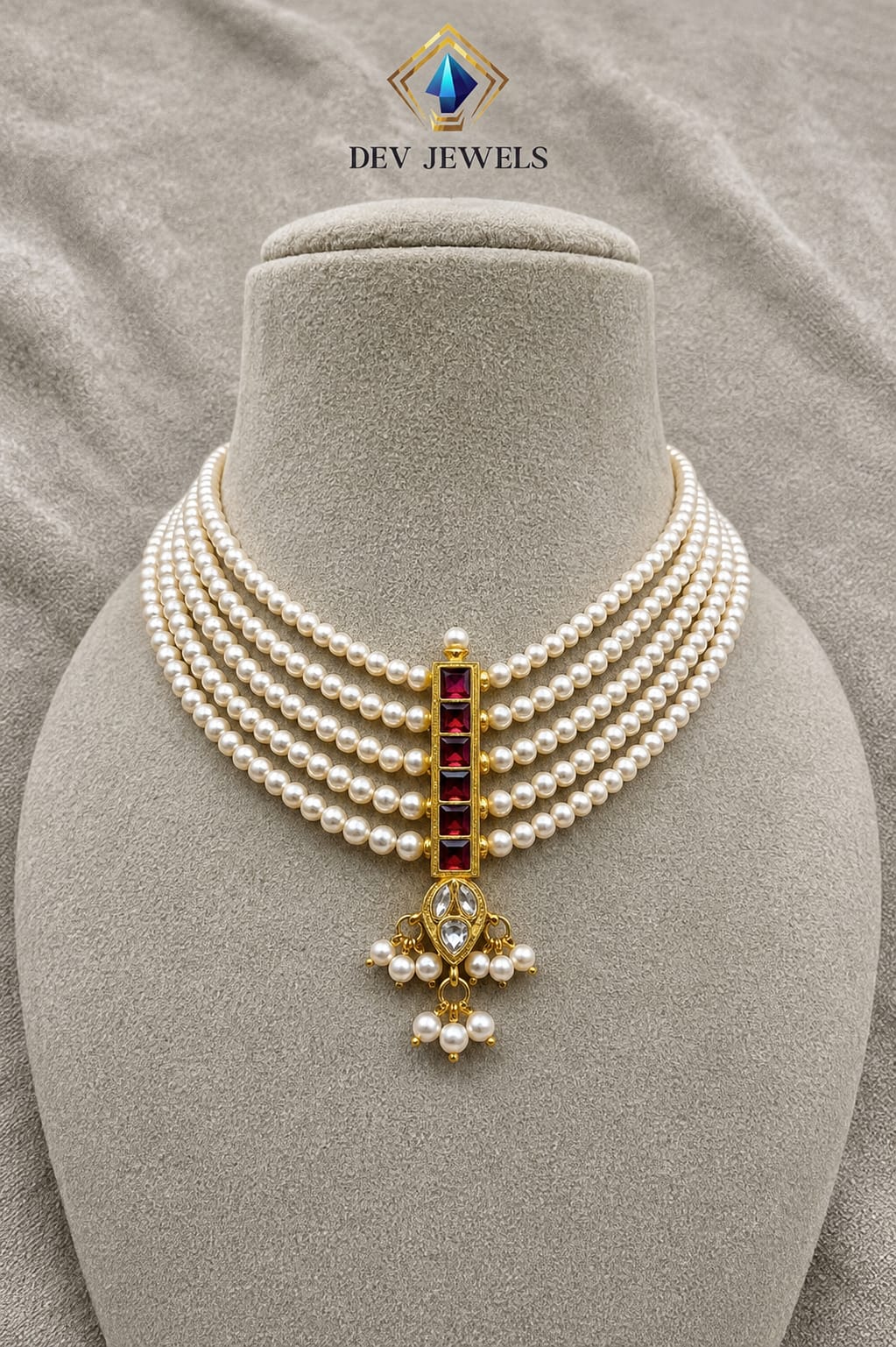 5-Strand Pearl Tanmani Choker Necklace with Kundan and Ruby Accents