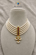 5-Strand Pearl Tanmani Choker Necklace with Kundan and Ruby Accents