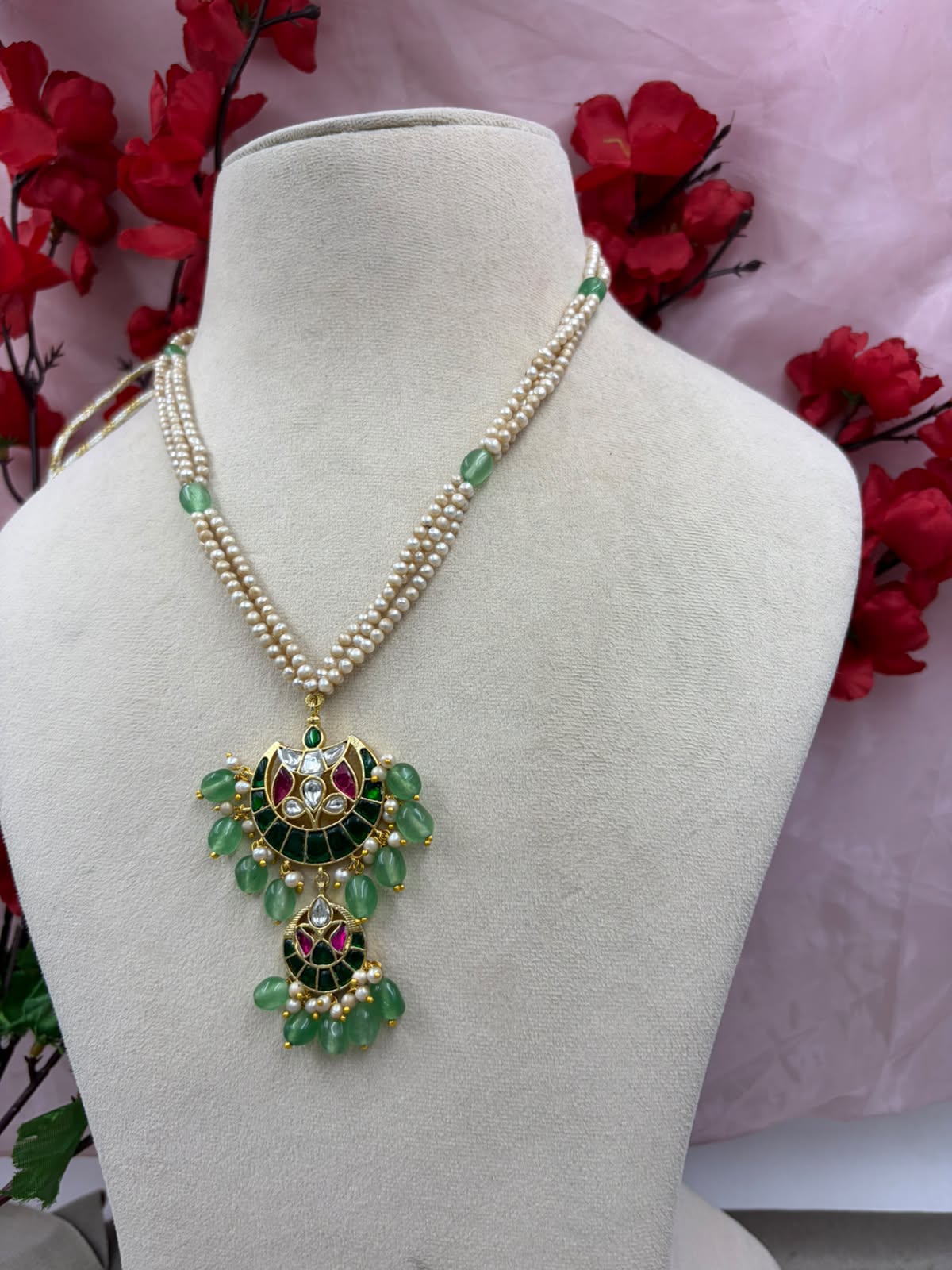Jadau Kundan Necklace Set with Real Pearls