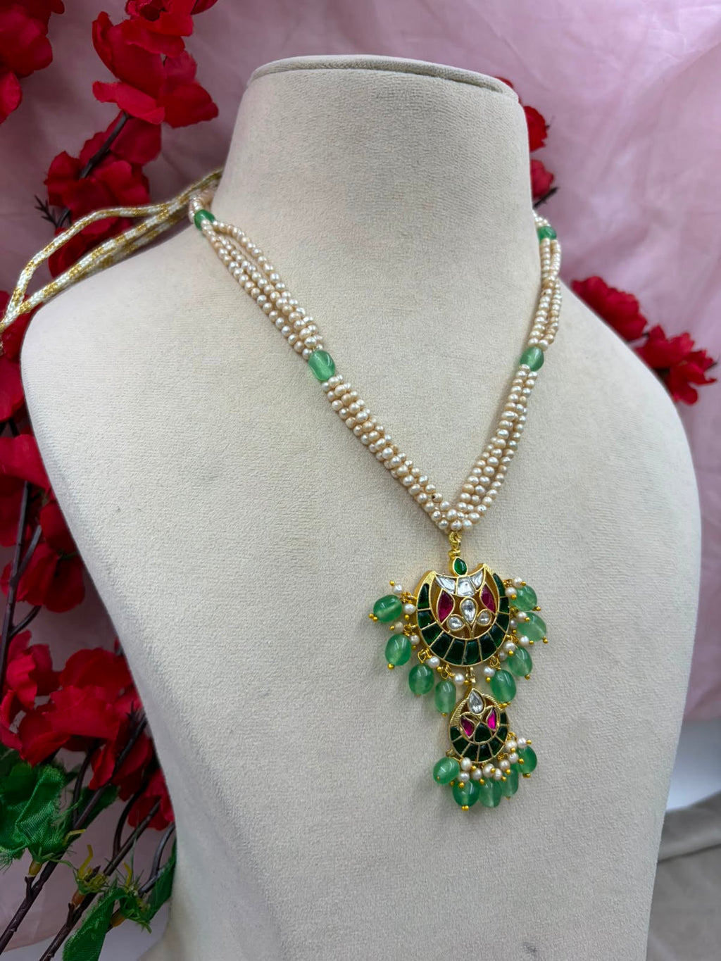 Jadau Kundan Necklace Set with Real Pearls