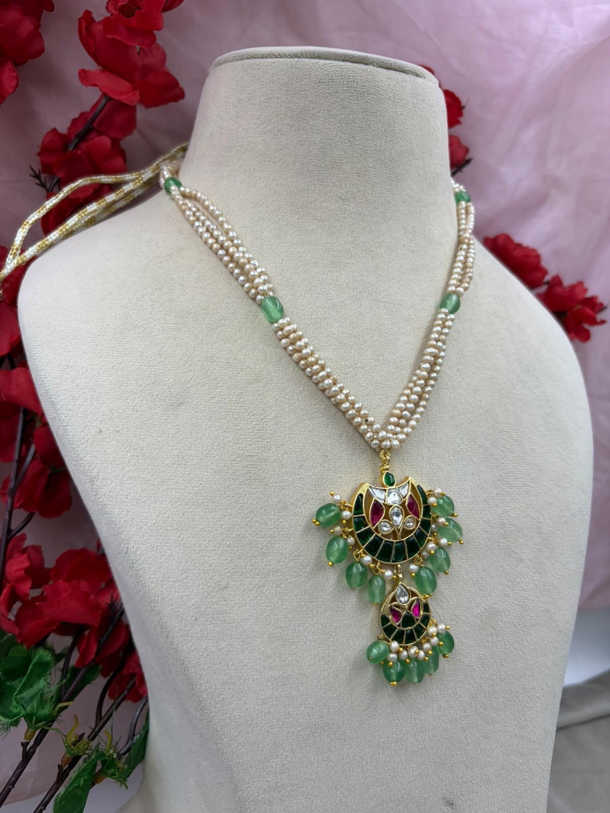 Jadau Kundan Necklace Set with Real Pearls